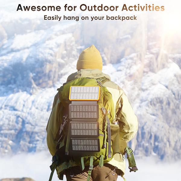 Solar power bank 25000mAh with 4 solar panels and 3 USB outputs for outdoor use