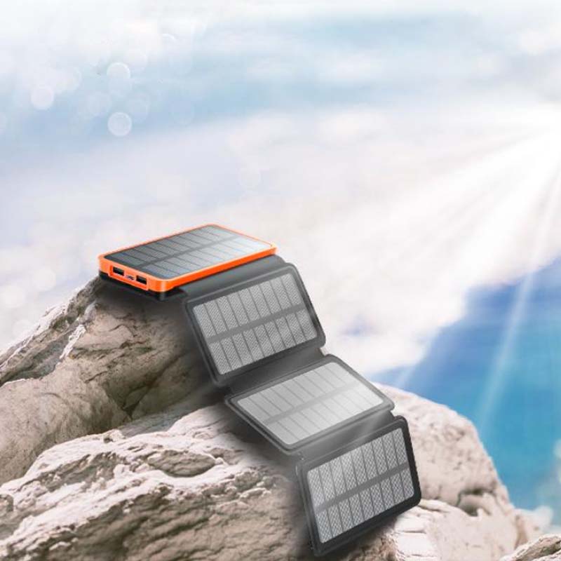Solar power bank 25000mAh with 4 solar panels and 3 USB outputs for outdoor use