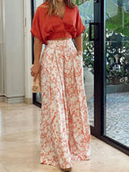 Women's two-piece set with floral wide-leg pants and top, summer casual