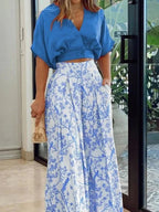 Women's two-piece set with floral wide-leg pants and top, summer casual