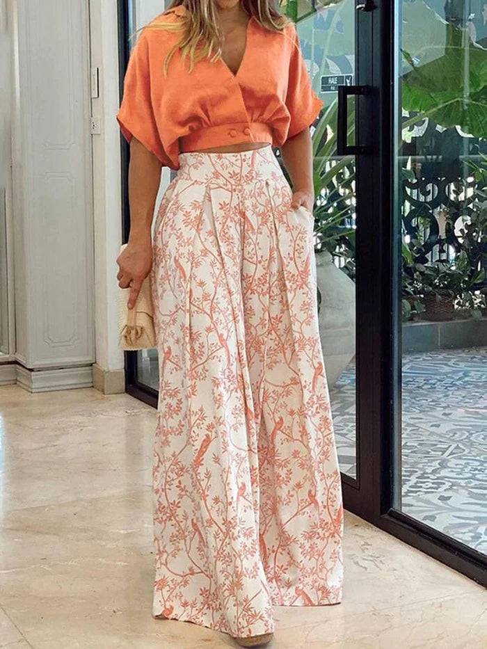 Women's two-piece set with floral wide-leg pants and top, summer casual