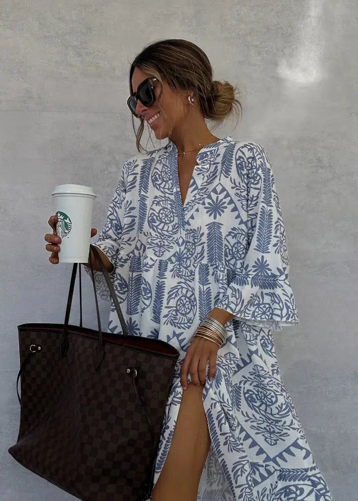 Women's white bohemian floral maxi dress with V-neckline, lightweight summer style