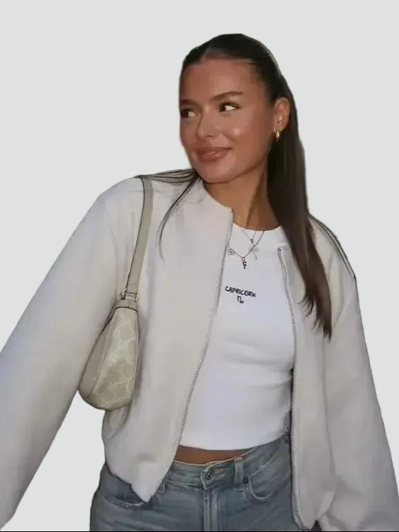 Women short bomber jacket with pockets and full zip closure cropped fit