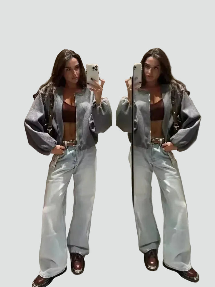 Women short bomber jacket with pockets and full zip closure cropped fit