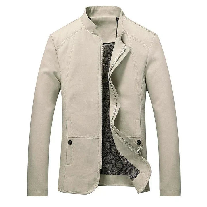 Men slim fit lightweight zip up jacket with band collar and side pockets