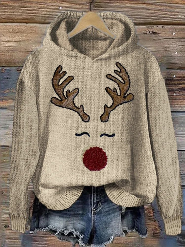 Christmas Sweater Women Knit Hoodie Reindeer Embroidered Loose Fit