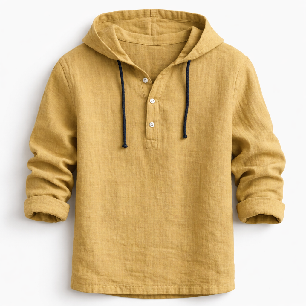 Men's linen shirt relaxed fit with adjustable drawstring hood, lightweight breathable