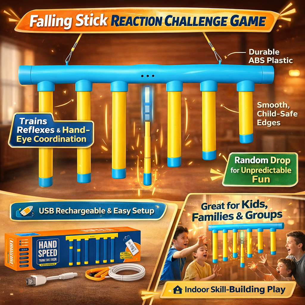 Kids reflex game reaction trainer falling stick drop challenge, adjustable speed