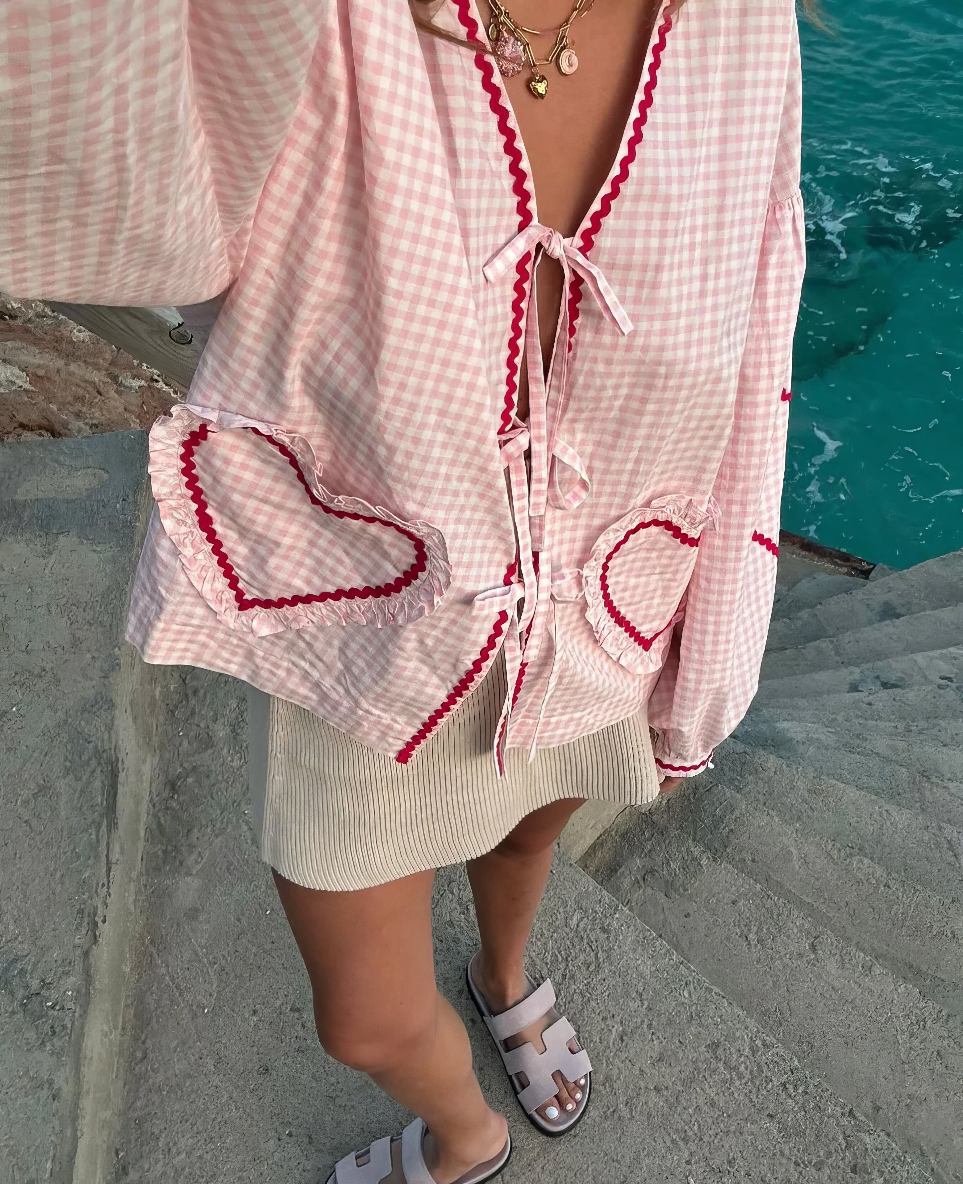 Women's heart blouse gingham ruffle tie-front romantic top