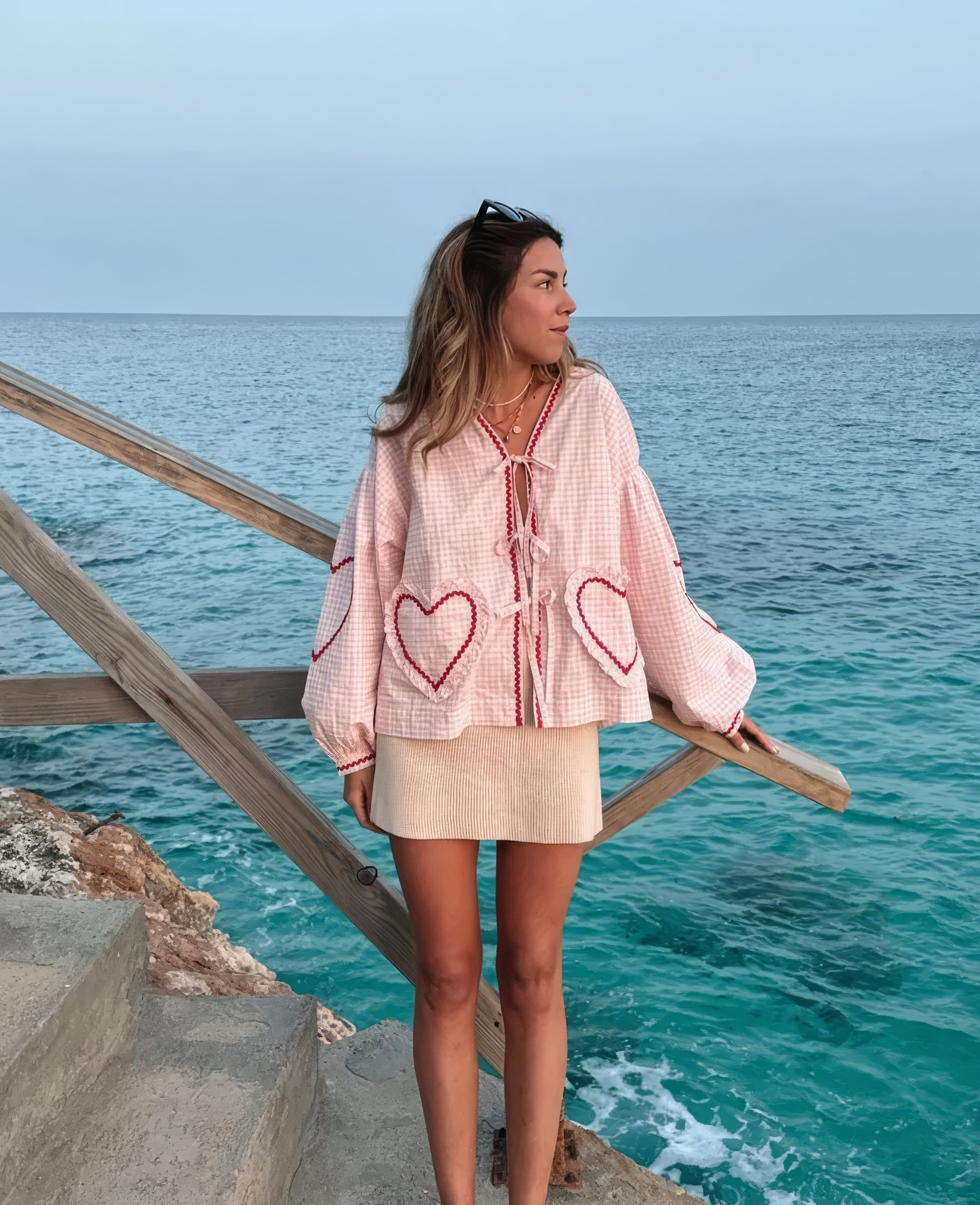 Women's heart blouse gingham ruffle tie-front romantic top