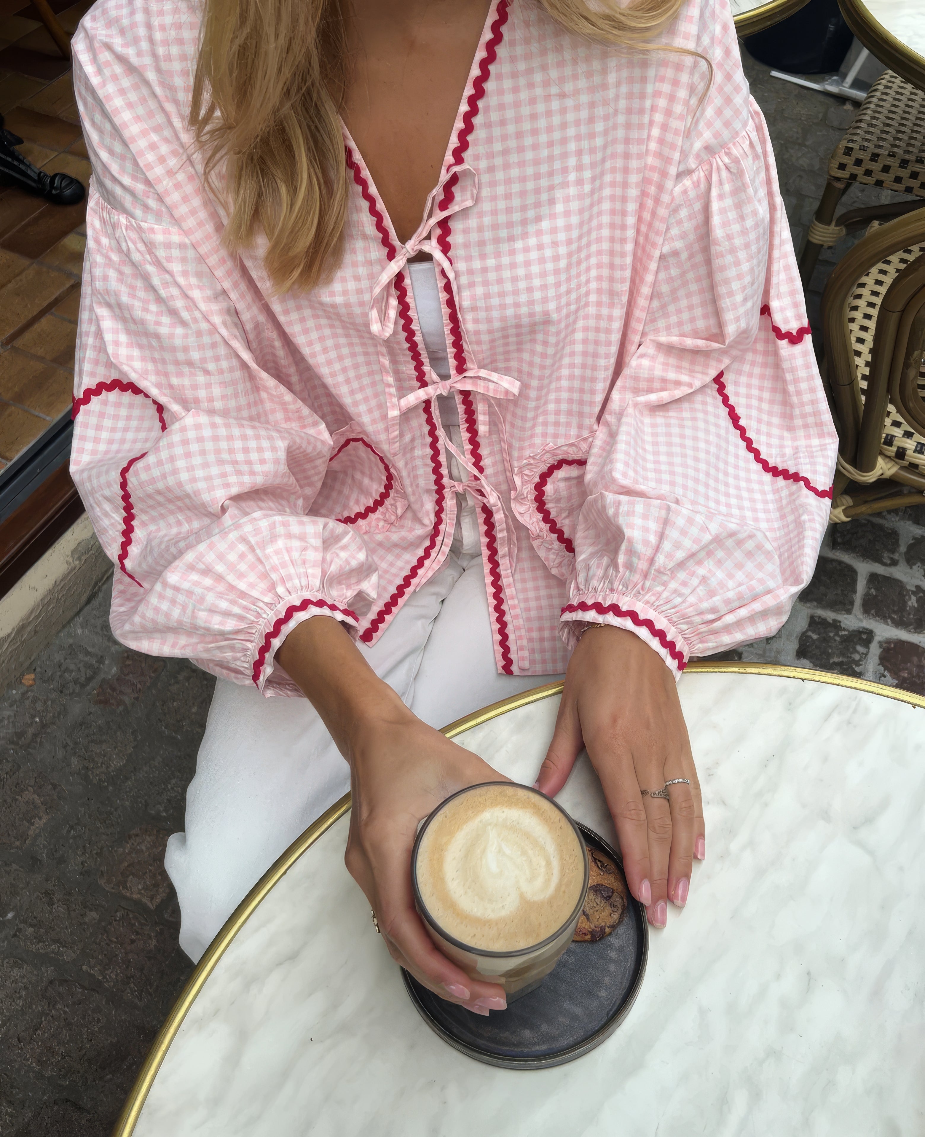 Women's heart blouse gingham ruffle tie-front romantic top