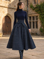 Women 2 piece knit top plaid maxi skirt set in navy long sleeve high neck