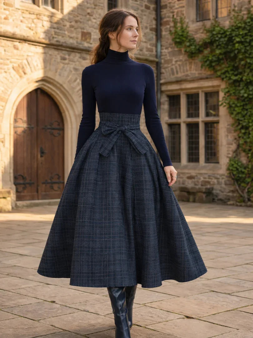 Women 2 piece knit top plaid maxi skirt set in navy long sleeve high neck