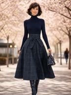 Women 2 piece knit top plaid maxi skirt set in navy long sleeve high neck