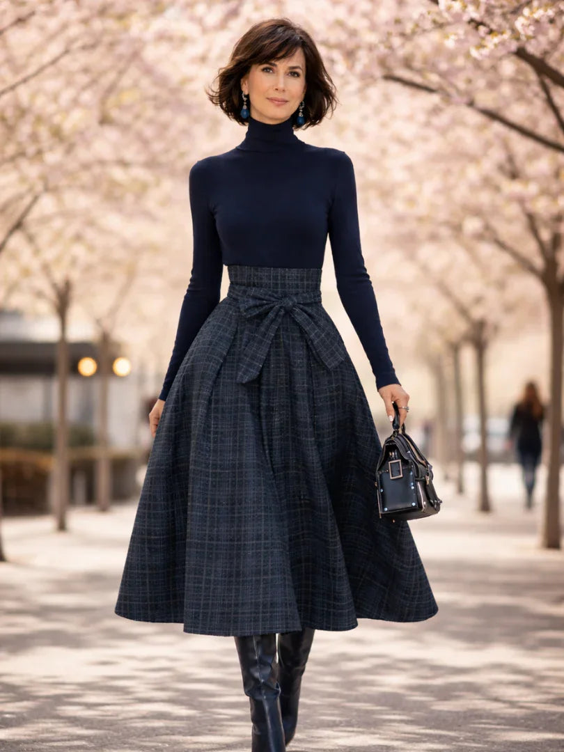 Women 2 piece knit top plaid maxi skirt set in navy long sleeve high neck