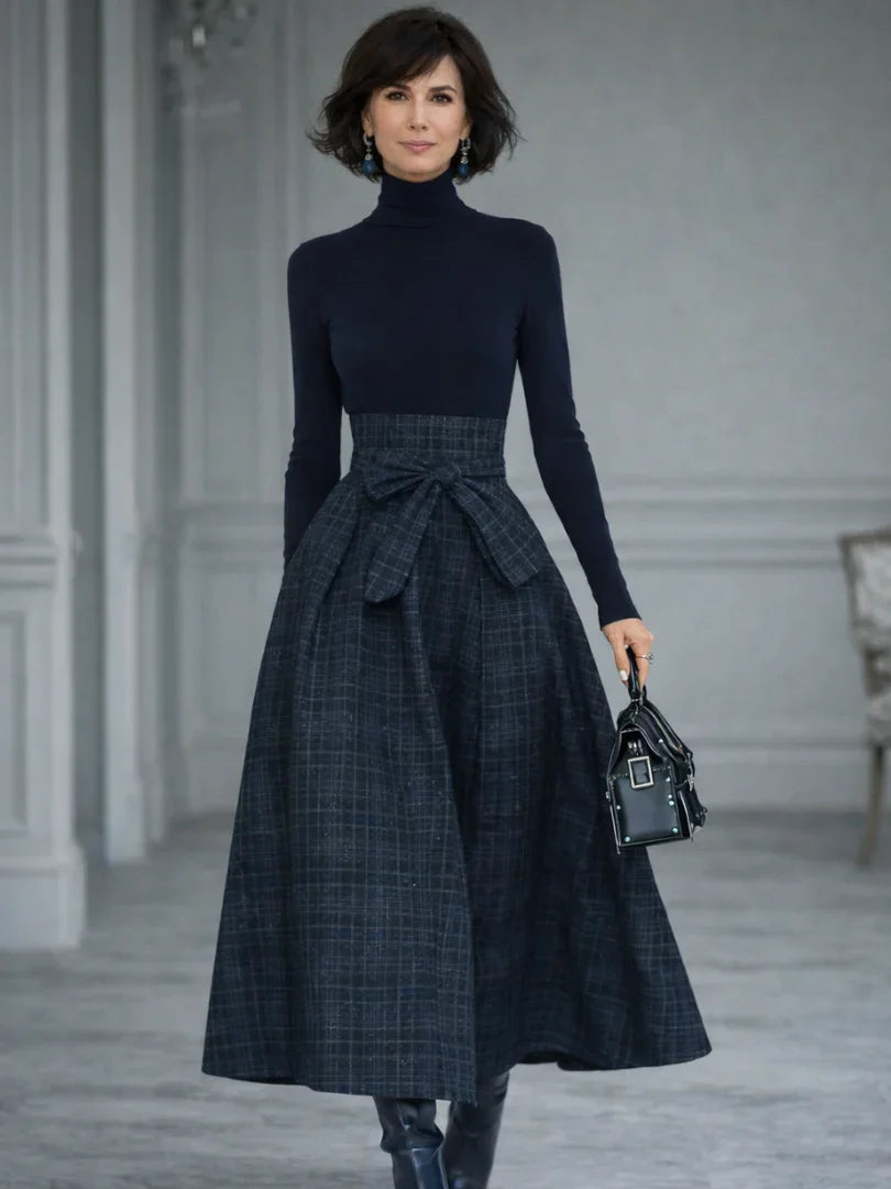 Women 2 piece knit top plaid maxi skirt set in navy long sleeve high neck