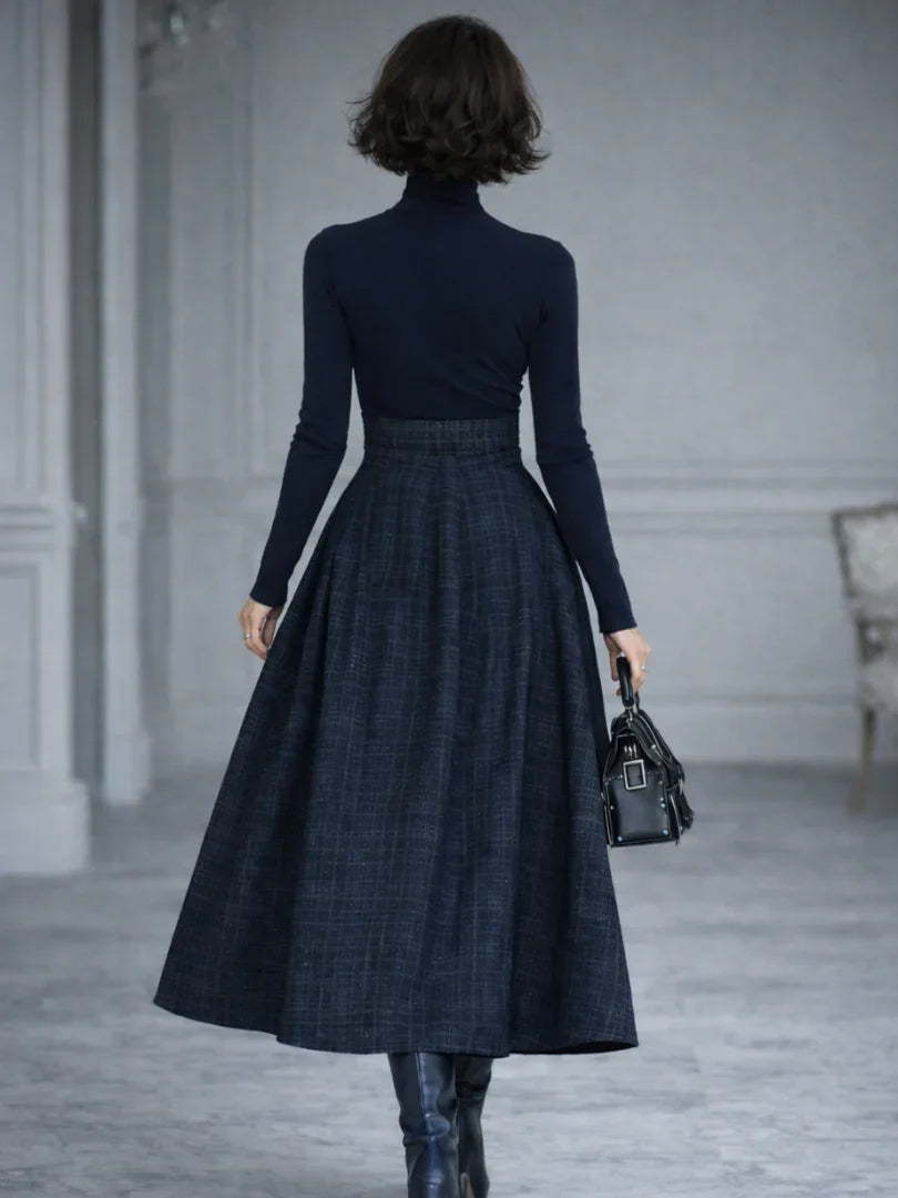 Women 2 piece knit top plaid maxi skirt set in navy long sleeve high neck