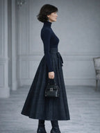 Women 2 piece knit top plaid maxi skirt set in navy long sleeve high neck