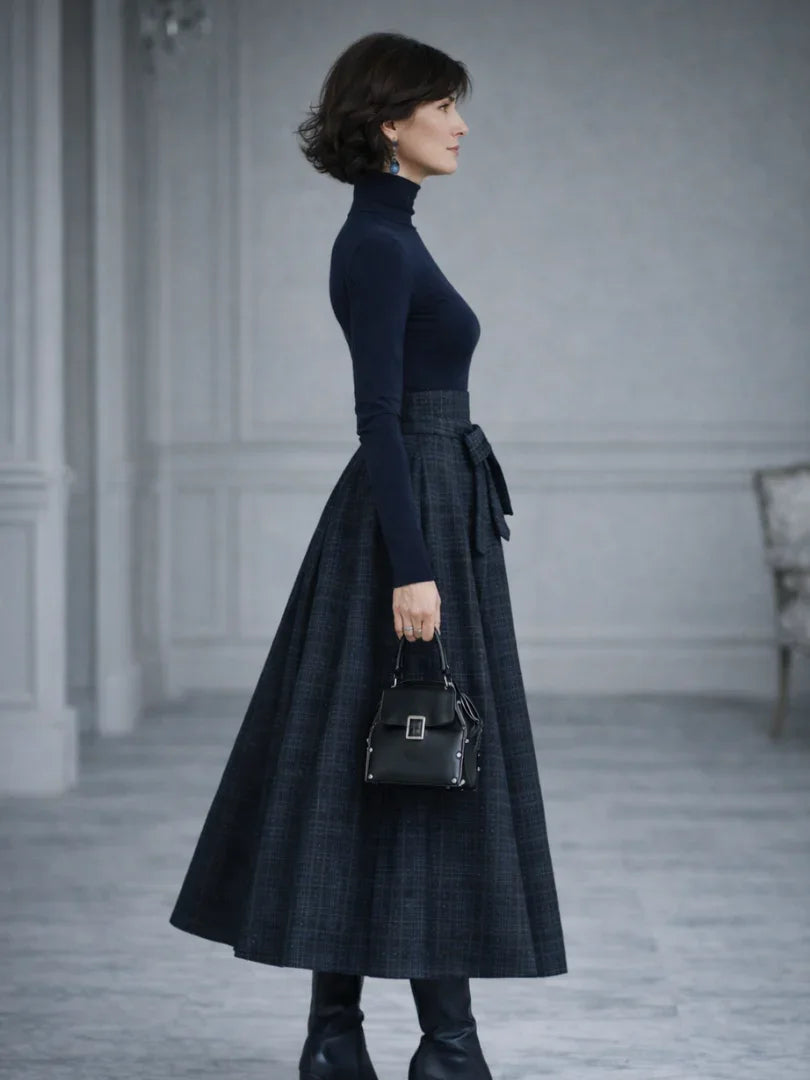 Women 2 piece knit top plaid maxi skirt set in navy long sleeve high neck