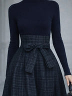 Women 2 piece knit top plaid maxi skirt set in navy long sleeve high neck