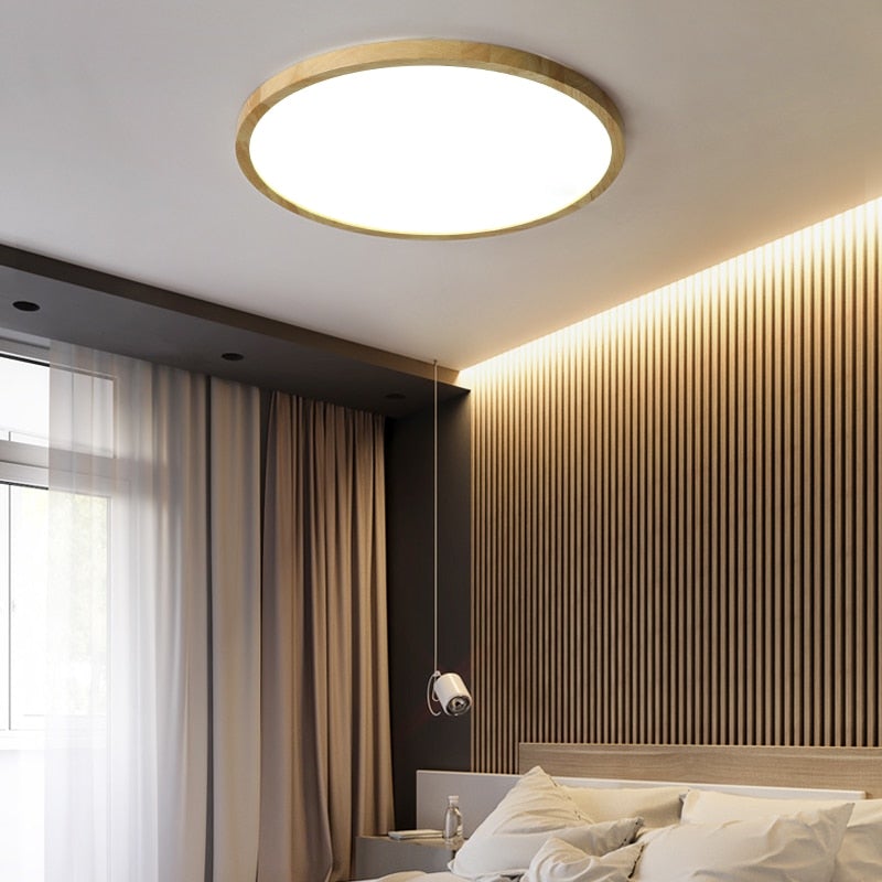 LED ceiling light dimmable tri-color minimalist wood accent, 23cm to 50cm