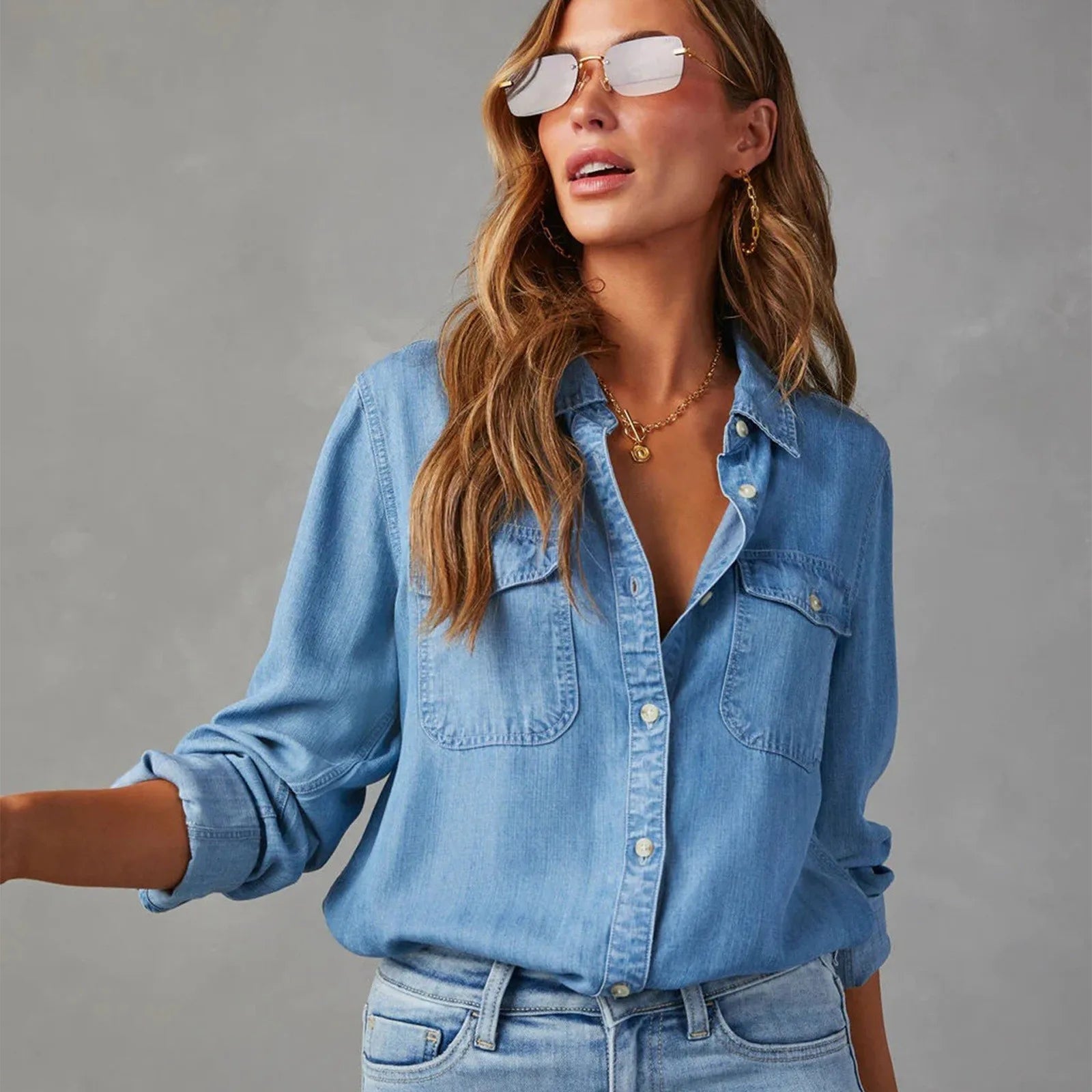 Women denim shirt classic fit in blue, cotton button-up top