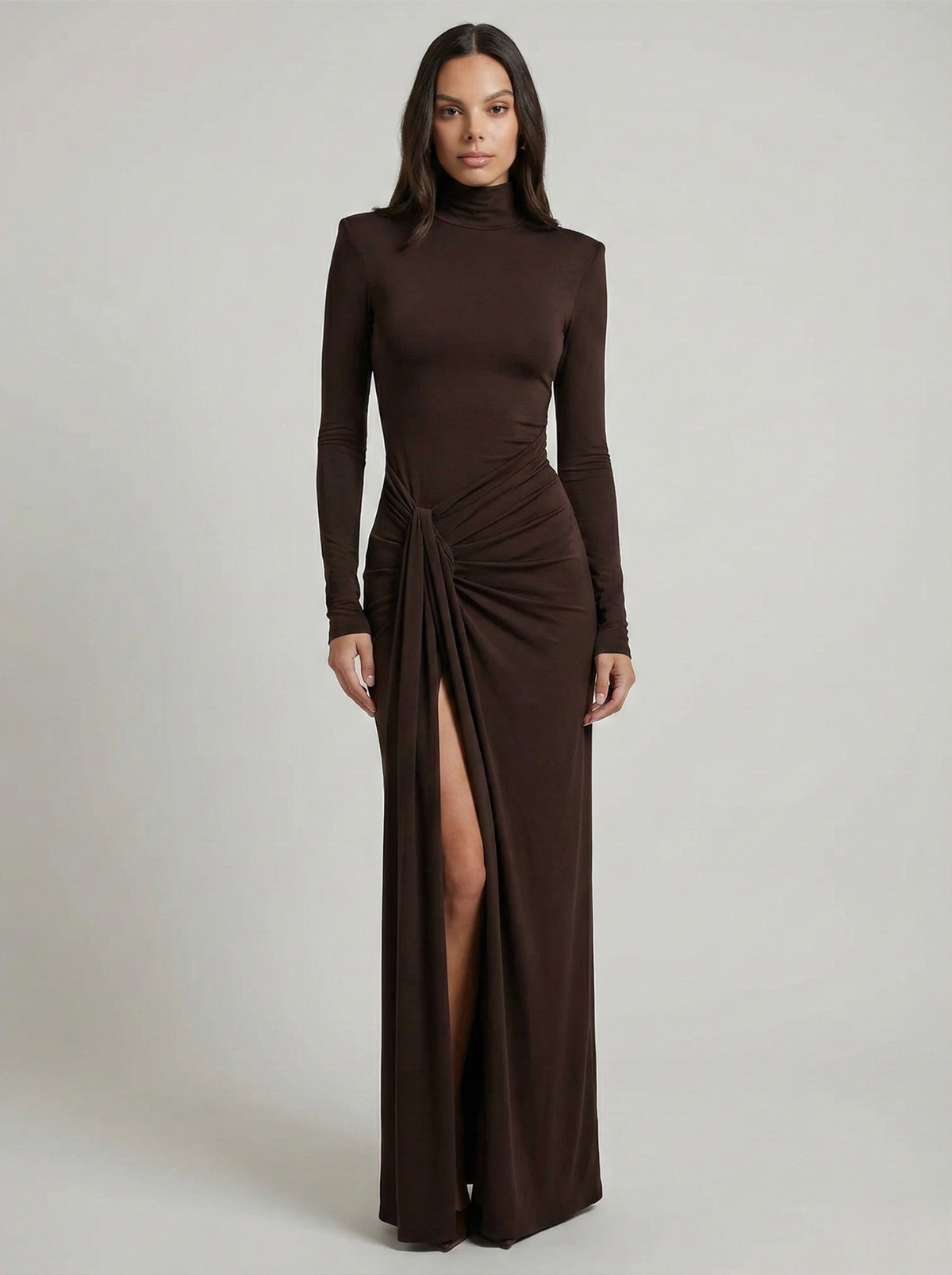 Women's ruched maxi dress in brown with high neckline and thigh-high slit