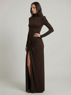 Women's ruched maxi dress in brown with high neckline and thigh-high slit