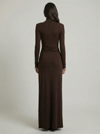 Women's ruched maxi dress in brown with high neckline and thigh-high slit