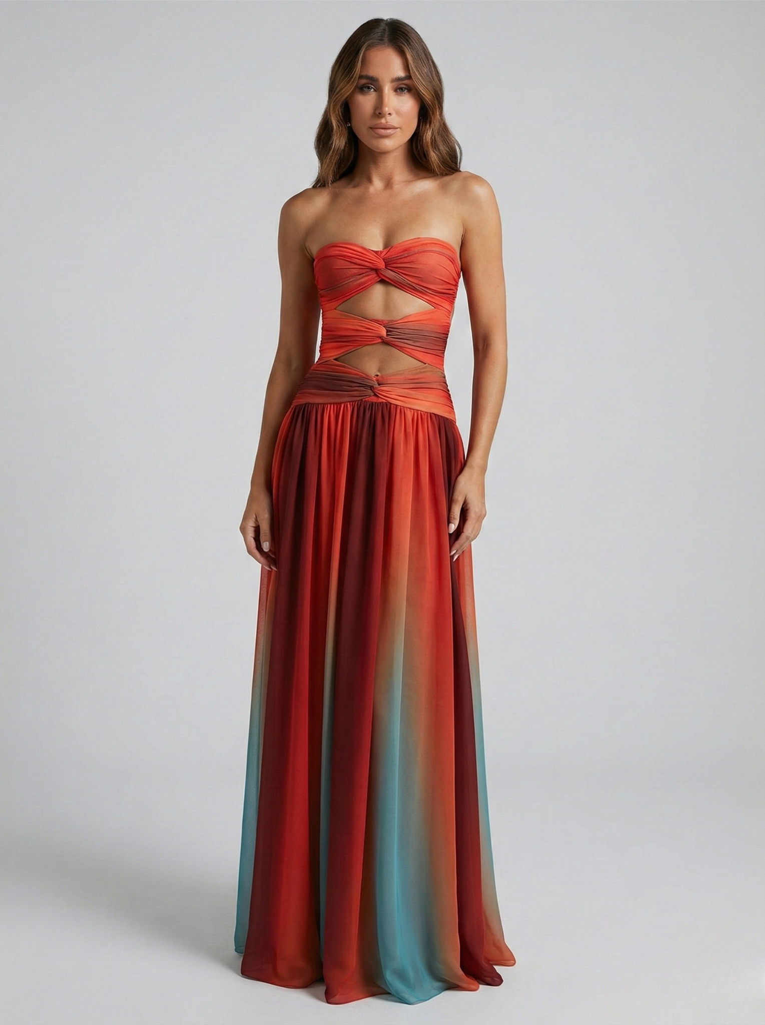 Red strapless hollow-out maxi dress with A-line hem, summer occasion