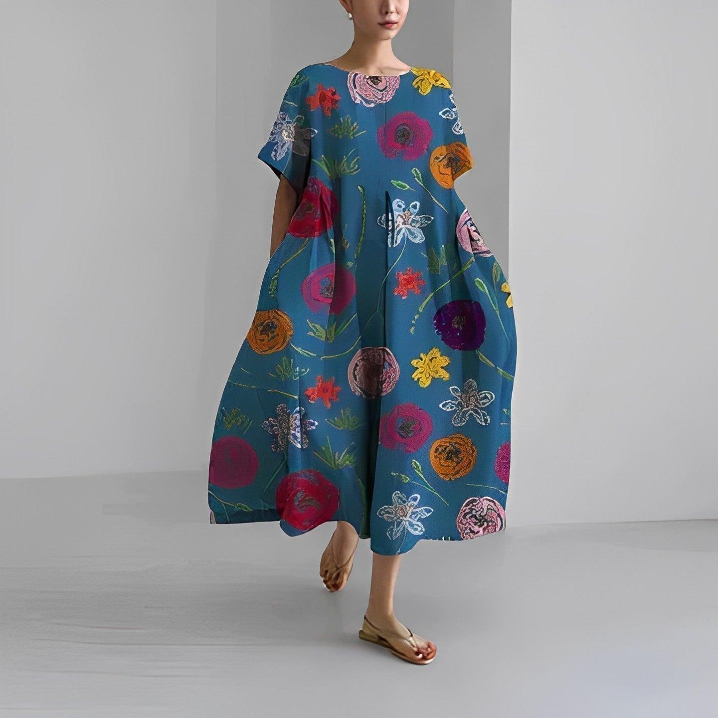 Women floral bohemian maxi dress loose fit with vibrant floral print