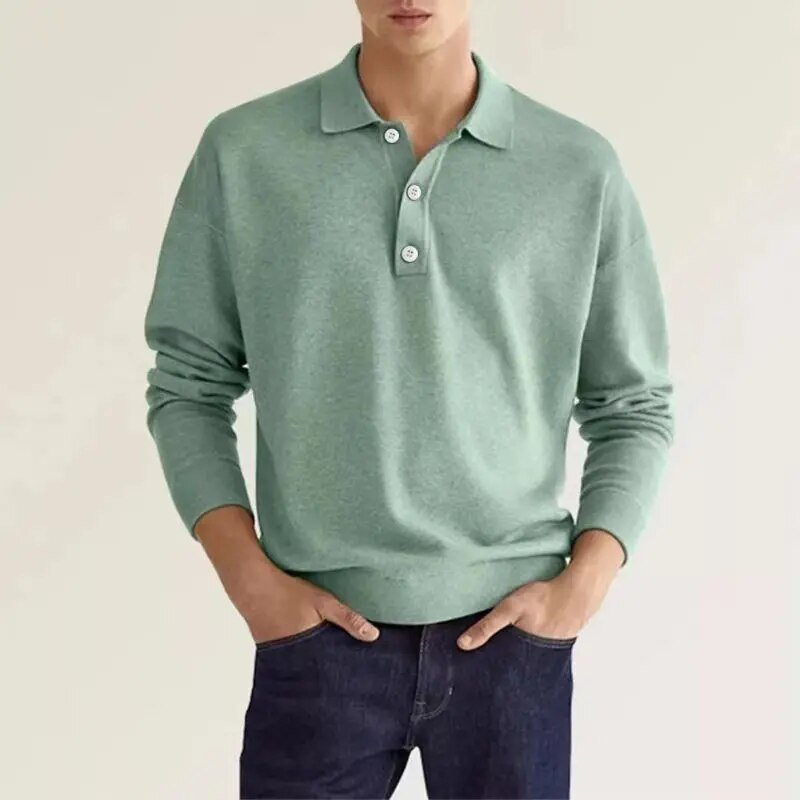 Men Polo Shirt Long Sleeve Fine Knit Casual Autumn Winter Wear