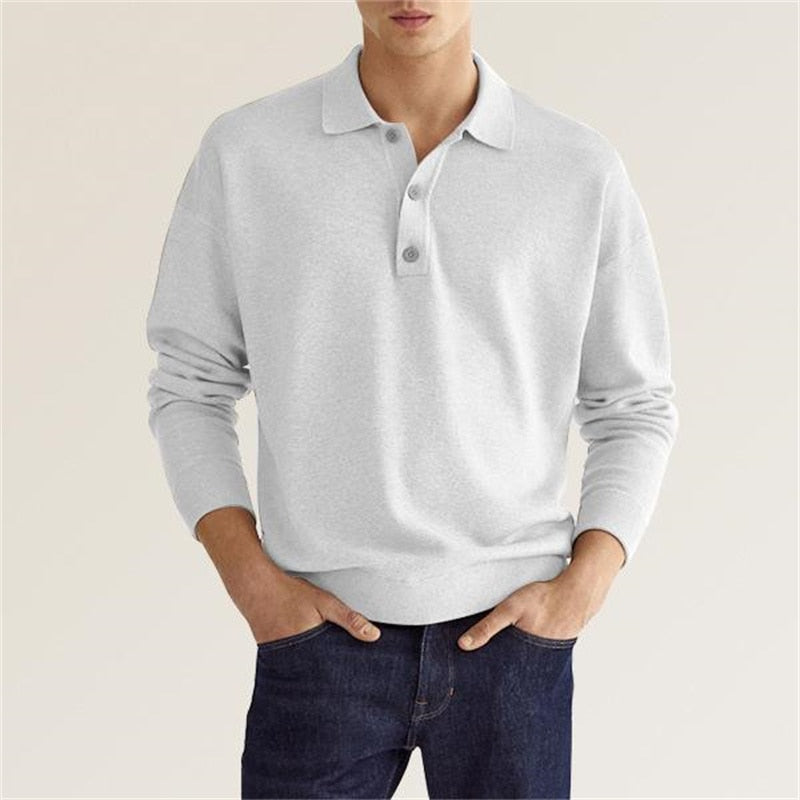 Polo Shirt Men Long Sleeve Button Placket Regular Fit Collar