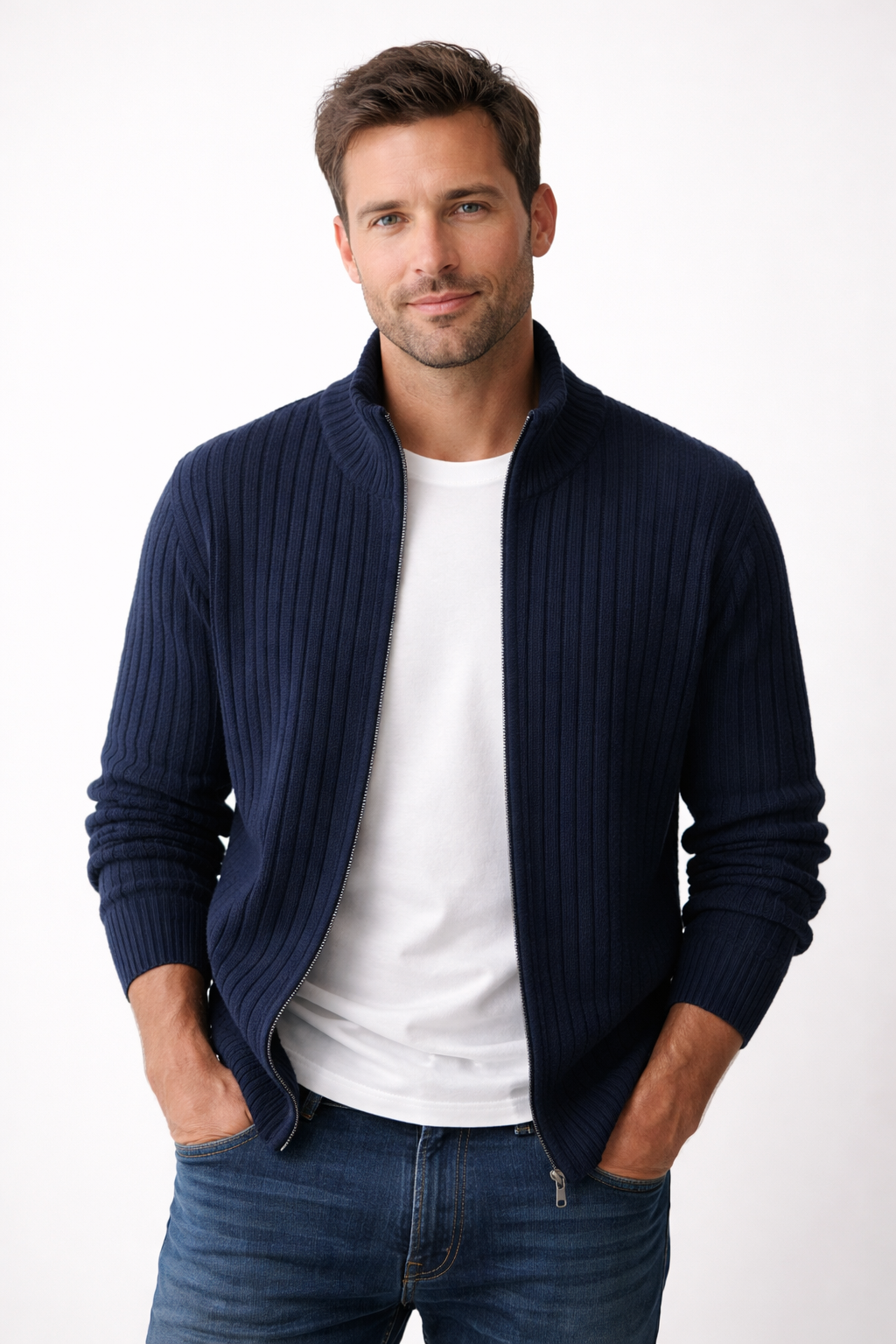 Men slim fit stand collar zip vest in Blue Grey and Black