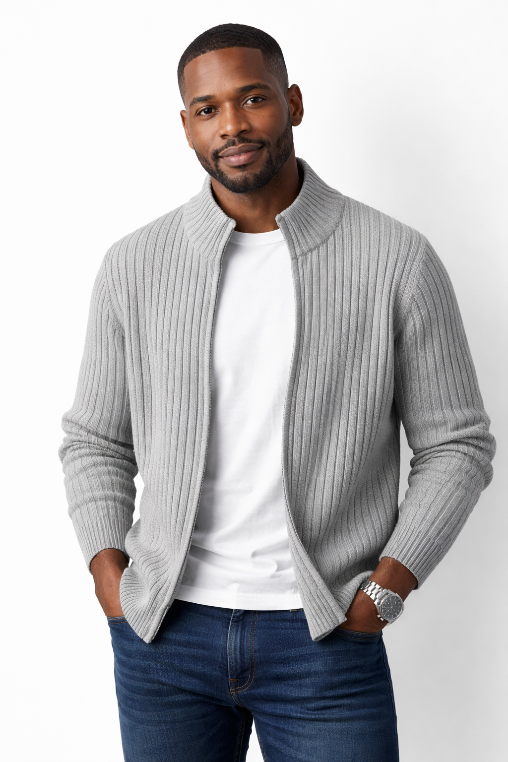 Men slim fit stand collar zip vest in Blue Grey and Black