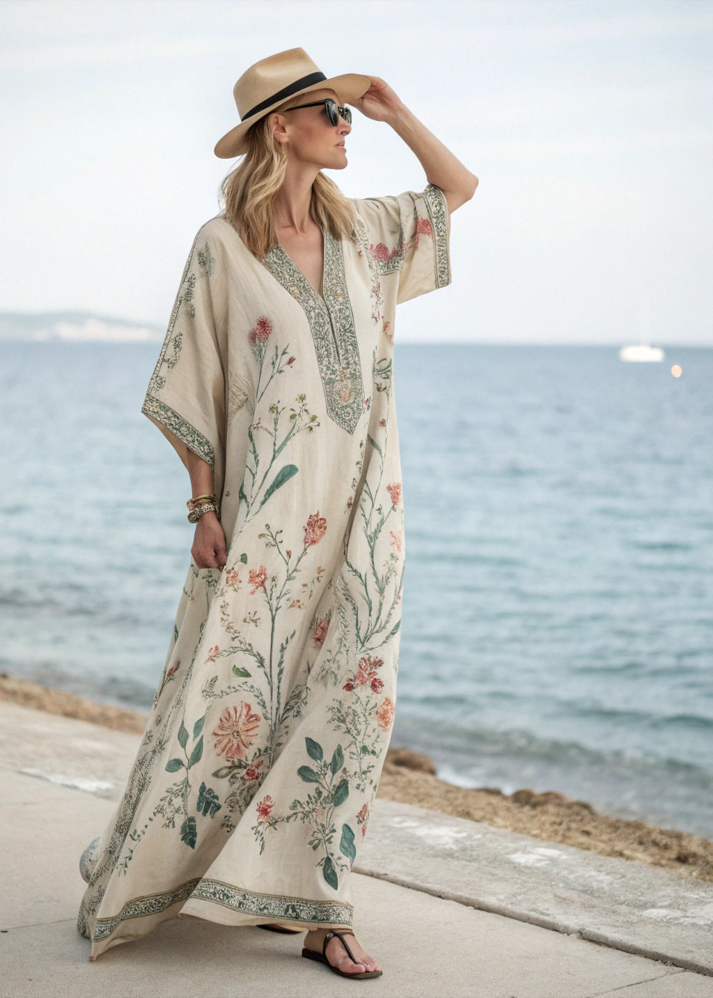 Women floral maxi dress with kimono sleeves and V neckline