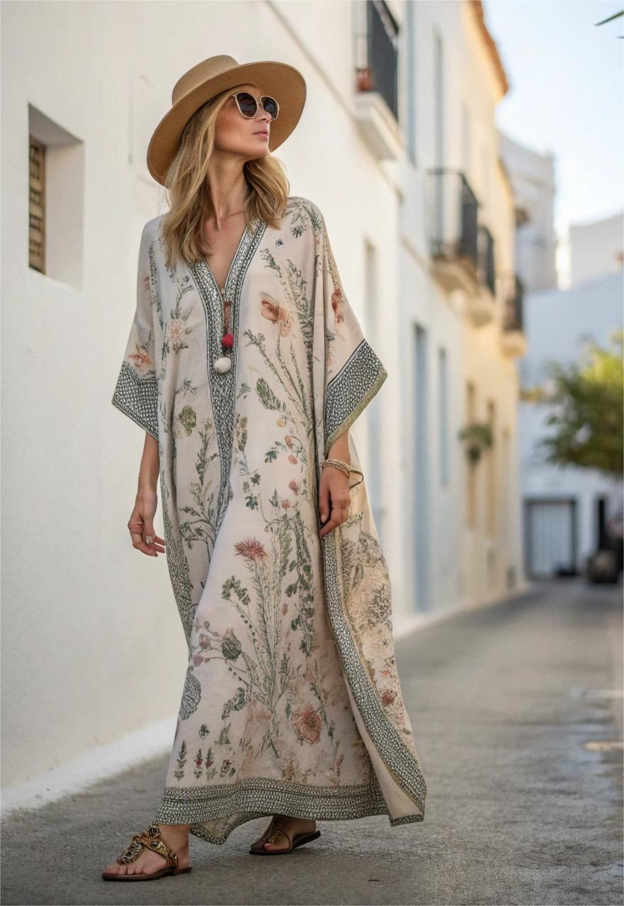 Women floral maxi dress with kimono sleeves and V neckline