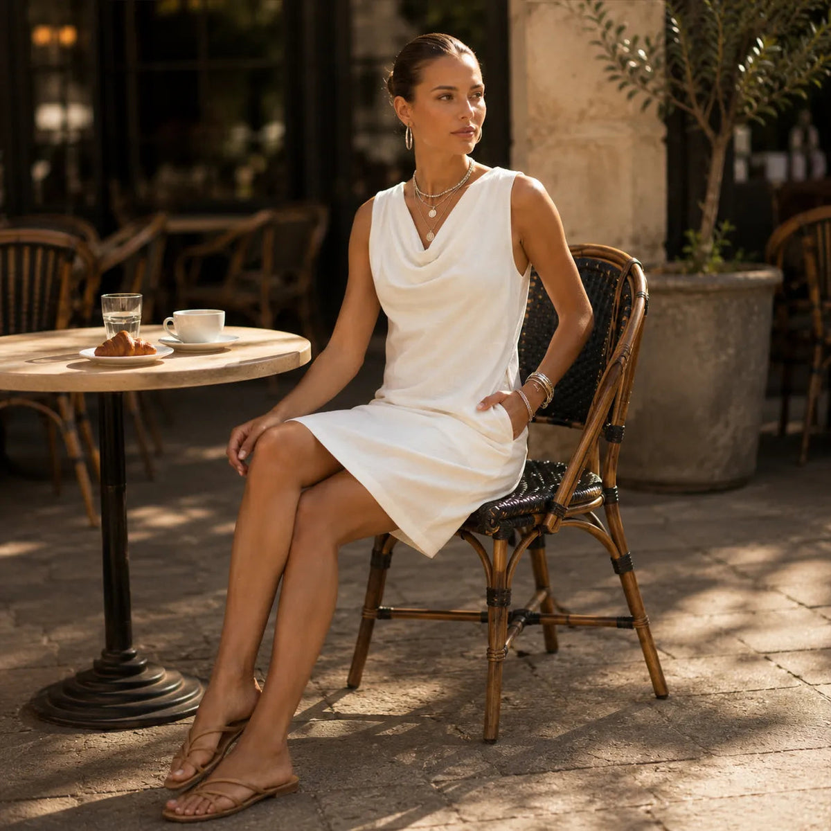 Mini Dress Women Cowl Neck Sleeveless Shift Side Pockets