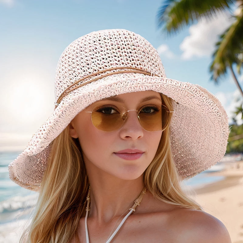 Women straw wide brim sun hat foldable adjustable beach summer