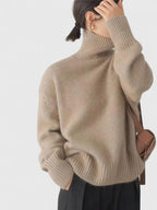 Women high collar sweater in neutral tones, slim silhouette turtleneck knitwear
