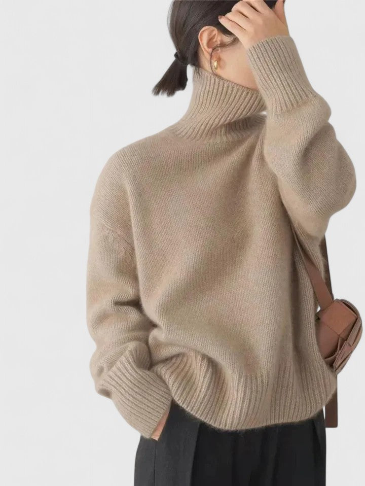 Women high collar sweater in neutral tones, slim silhouette turtleneck knitwear