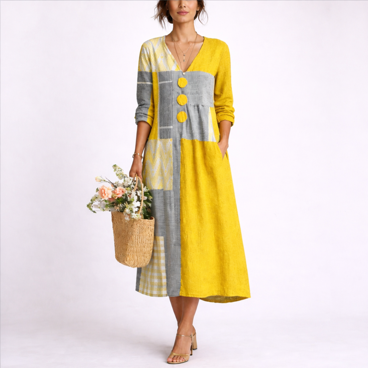 Women's linen blend midi dress wrap-inspired silhouette, summer casual style