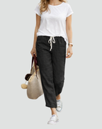 Women's linen trousers loose fit with adjustable drawstring waist, summer