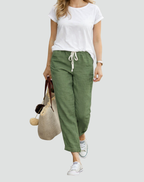 Women's linen trousers loose fit with adjustable drawstring waist, summer