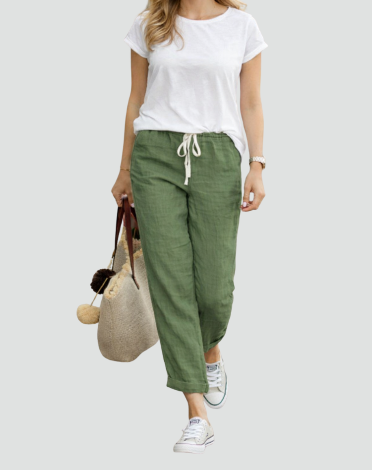 Women's linen trousers loose fit with adjustable drawstring waist, summer