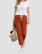 Women's linen trousers loose fit with adjustable drawstring waist, summer