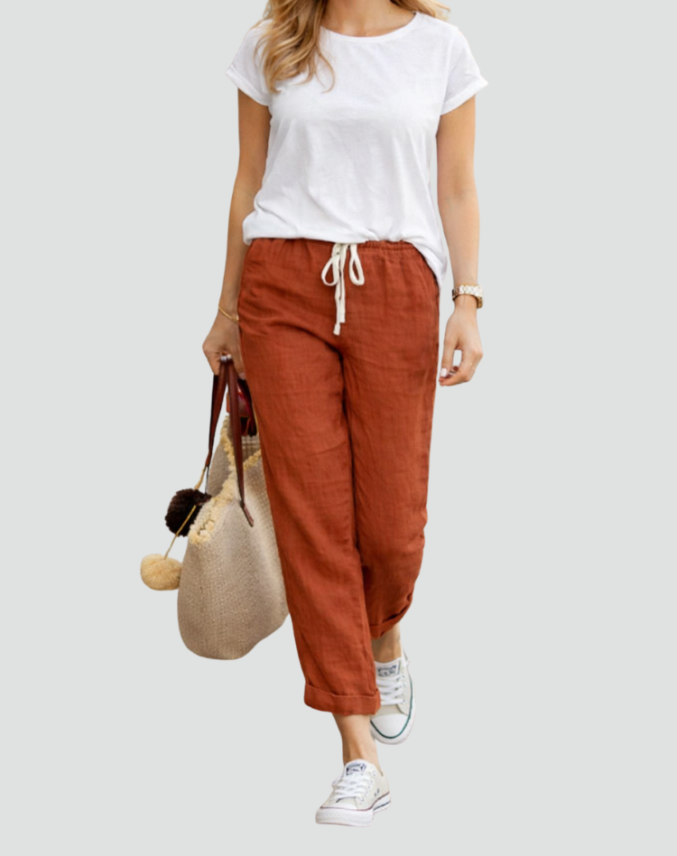 Women's linen trousers loose fit with adjustable drawstring waist, summer