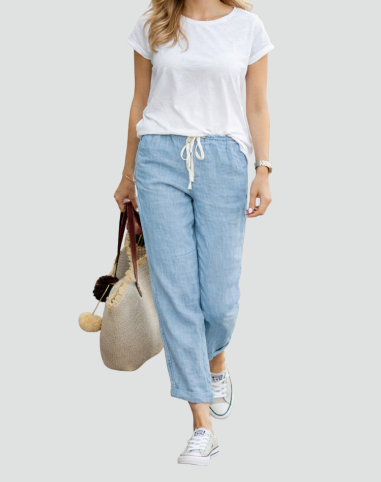 Women's linen trousers loose fit with adjustable drawstring waist, summer