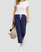 Women's linen trousers loose fit with adjustable drawstring waist, summer