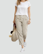 Women's linen trousers loose fit with adjustable drawstring waist, summer